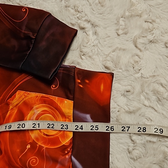 Multicolor abstract print hoodie kangaroo pocket UNISEX Small orange rust black - Picture 7 of 8